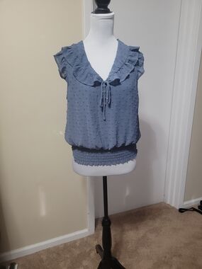 Monteau Slate Blue Ruffled Tie-Neck Sleeveless Blouse